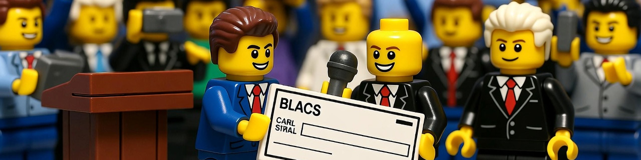 Minifigures being presented with a large cheque in a public setting.